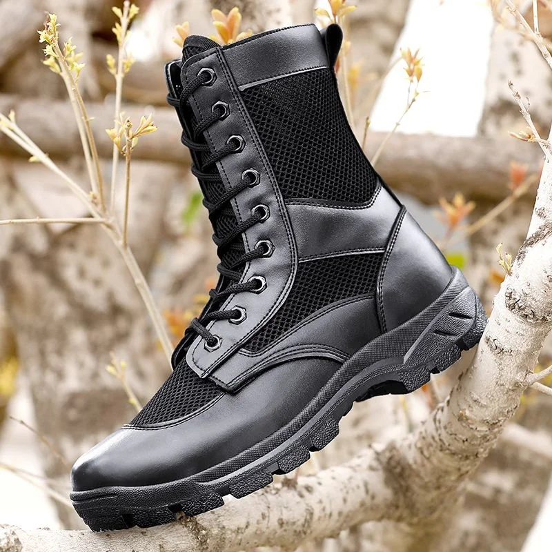 Summer Breathable Mesh Microfiber Boots Fashion Side Zipper Black Lace-up Shoe Outdoor Hiking Walking Training Climbing Boot