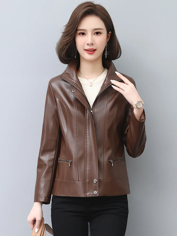 New Women Leather Jacket Autumn Winter Casual Fashion Stand Collar Plus Cotton Lining Slim Short Sheepskin Coat Spring Outerwear