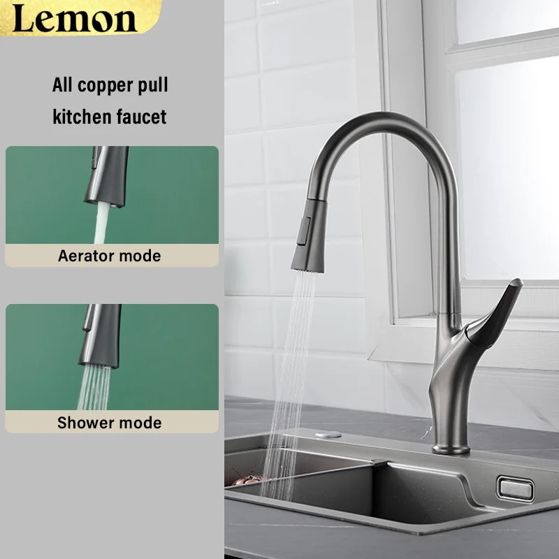 

All-copper brushed kitchen faucet, high-quality hot and cold water faucet, multi-directional rotation, worry-free cleaning