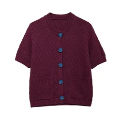 KUCLUT Women Fashion Wine Red Pockets Cardigans Female Flower Buttons Short Sleeve Sweaters Ladies Knitwear