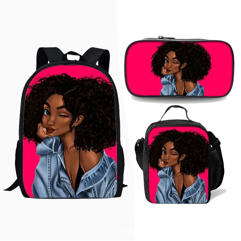 3D Print Black Girl School Bag, mochila para alunos, mochila para laptop, lancheira, estojo de lápis, novidade clássica, menina africana, 3 peças por conjunto