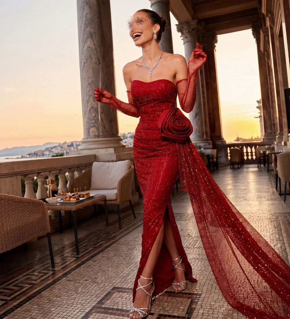 

Customized Red Sexy Modern Style Sparkle Sequined Handmade Flower Pleat Mermaid Strapless Floor-Length Evening Dresses Retro