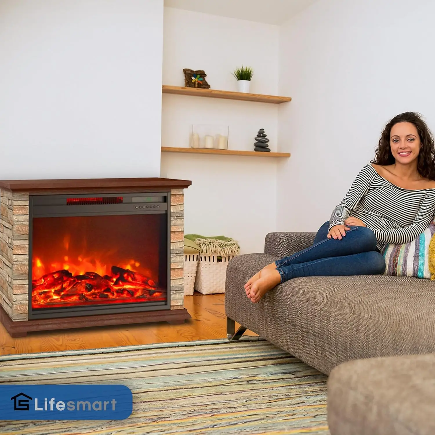 LifePro Calentador de chimenea de cuarzo infrarrojo eléctrico de 1500 vatios para uso en interiores con 3 elementos calefactores y control remoto, imitación St