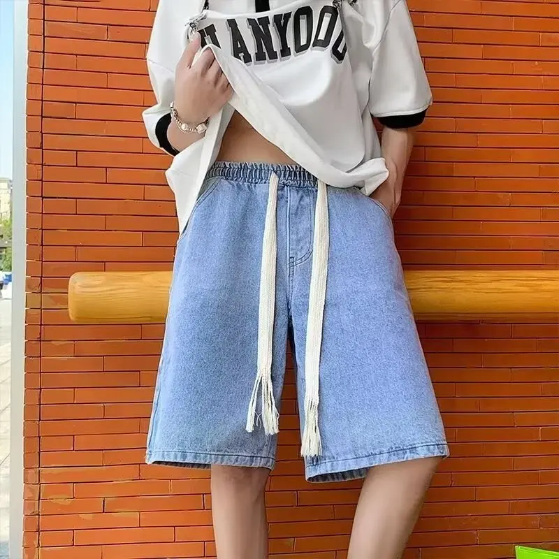 American Retro Elastic Waist Jeans Shorts Men's Summer Thin Fashion Wear Resistant Work Five-Point Loose Mid-Pants