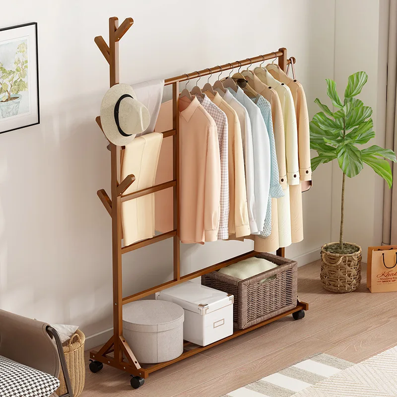 Floor hanger coat rack simple multifunctional home rental house storage rack mobile solid wood clothes and hat rack