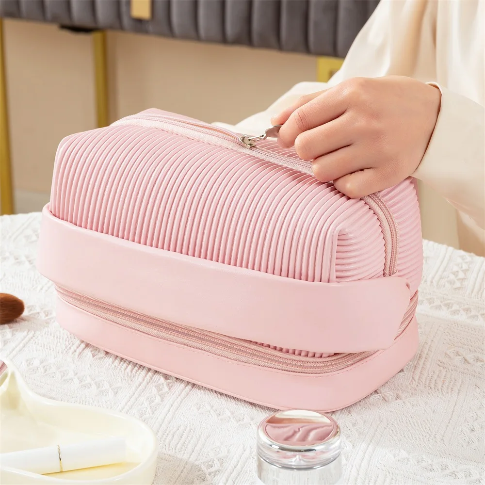 Large Capacity Double-Layer Handbag for Traveling Cream Toast Makeup Bag Portable Storage Bag