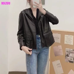 Hooded Coat for Women's Vegetable Tanned Sheepskin Slim Cropped Jacket Autumn Korean Fashion Thin Genuine Leather Cloting Female