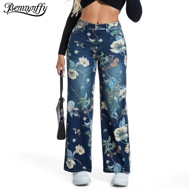 

Benuynffy синие джинсовые широкие брюки с принтом, осень 2021, новые свободные модные прямые джинсы с высокой талией в стиле ретро, уличная одежда, низ