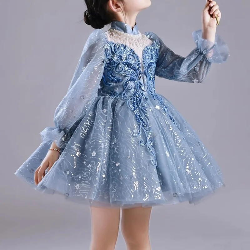 Customized O-neck Long Sleeve Temperament Flower Girls Dresses Sequined Appliques Ball Gown Princess Robe Tiered Kids Birthday P