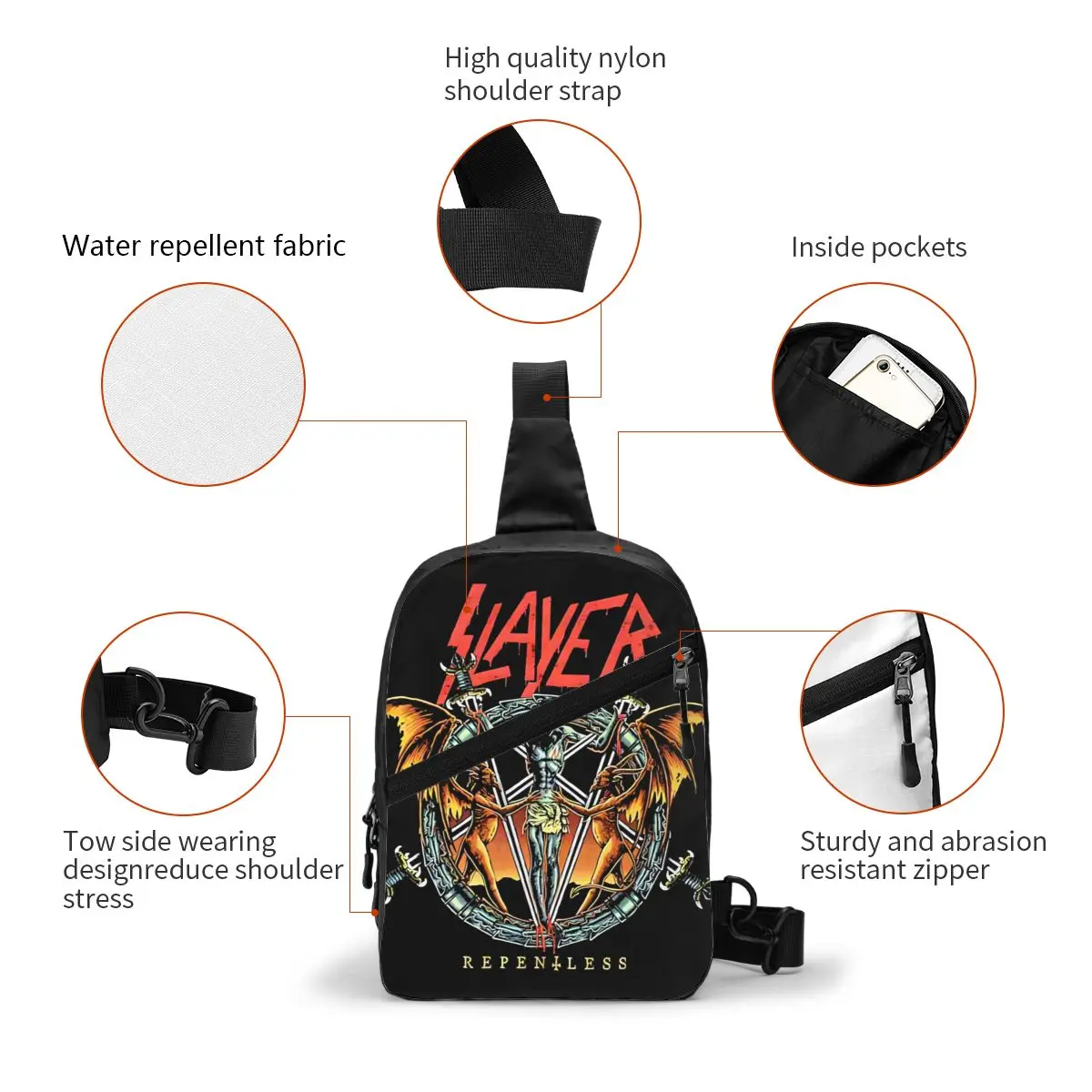 Custom Thrash Metal Band Slayers Sling Bag for Men Cool Shoulder Chest Crossbody Backpack Cycling Camping Daypack