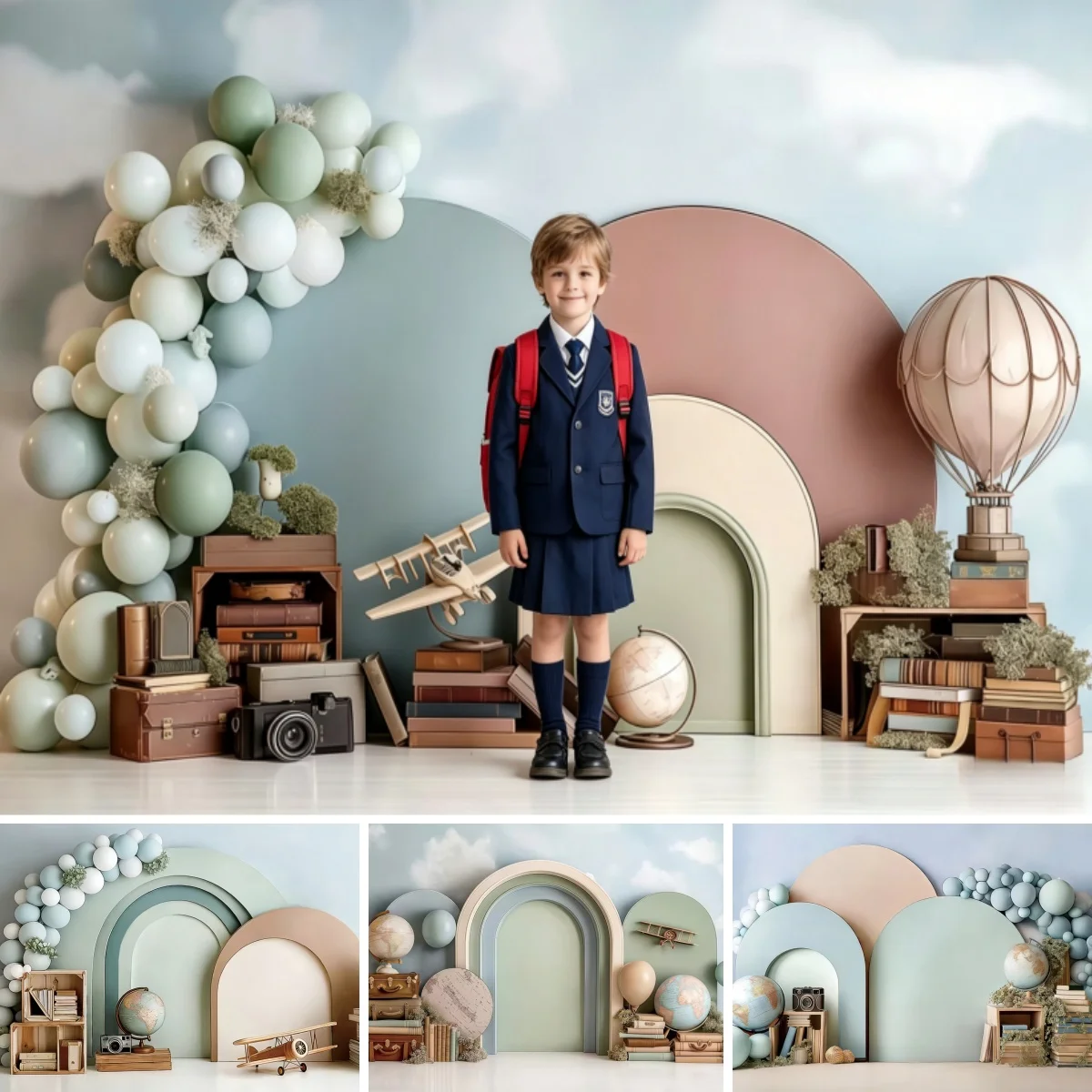 Student Back to School Party Decor Photography Backdrop World Globe Books Arch Teaching Class Photo Background Photo Studio Prop