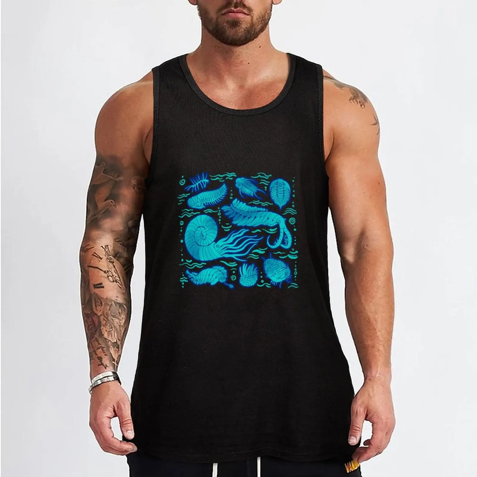 Ancient sea animals: Trilobites, Anomalocaris, Wiwaxia and others on green background Tank Top gym t-shirts fashion 2024 man