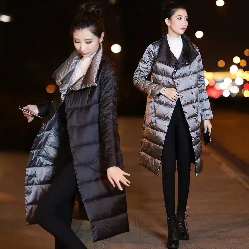 2023 New Women Double Sided Down Long Jacket Winter Turtleneck White Duck Down Coat Double Breasted Warm Parkas Snow Outwear