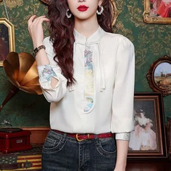 Women's Pullover Embroidered Round Neck Bright Silk Lantern Long Sleeve Chiffon T-shirt Casual Clothing Chinese Style Tops