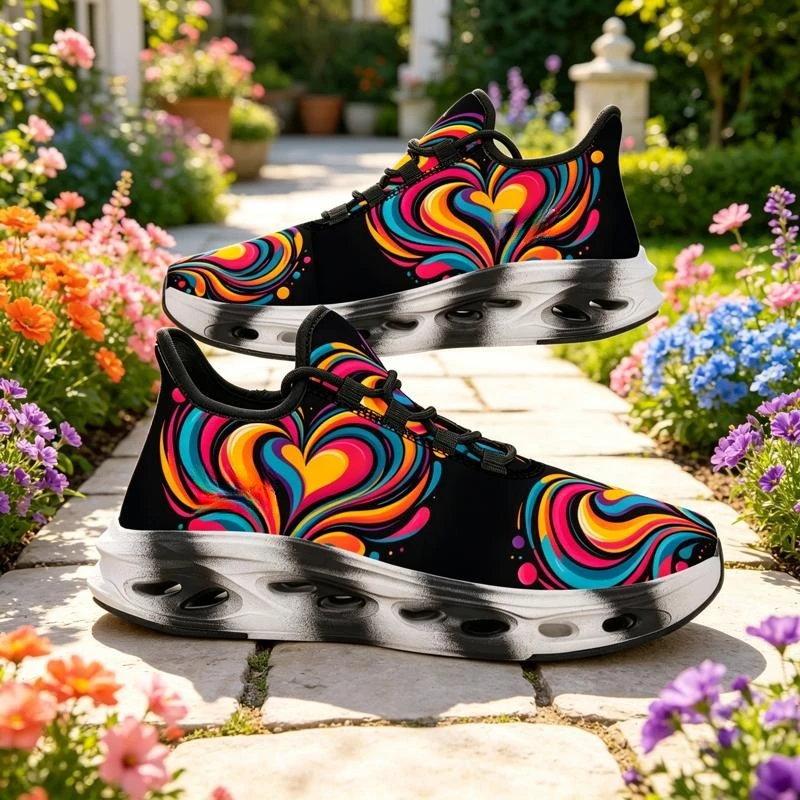 Ladies Men Casual Shoes Running Shoes，Retro psychedelic swirl heart color-blocking print design，Vibrant and intense colors creat