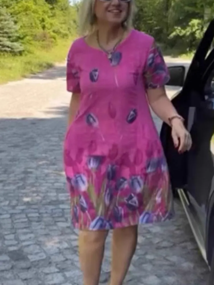 Damen-Kleid mit Blumendruck, lässig, O-Ausschnitt, kurze Ärmel, Pullover, Minikleider für Damen, modisch, Boho-Urlaubsrock, Damenbekleidung