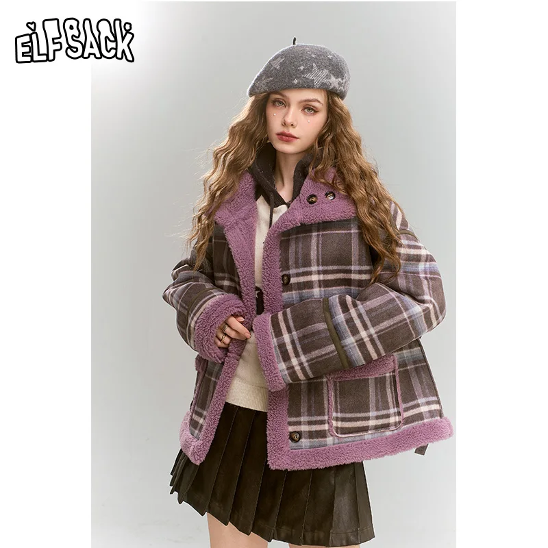 ELFSACK 2024 Winter New Arrivals Retro Preppy Style plaid short plush thick warm coat for women