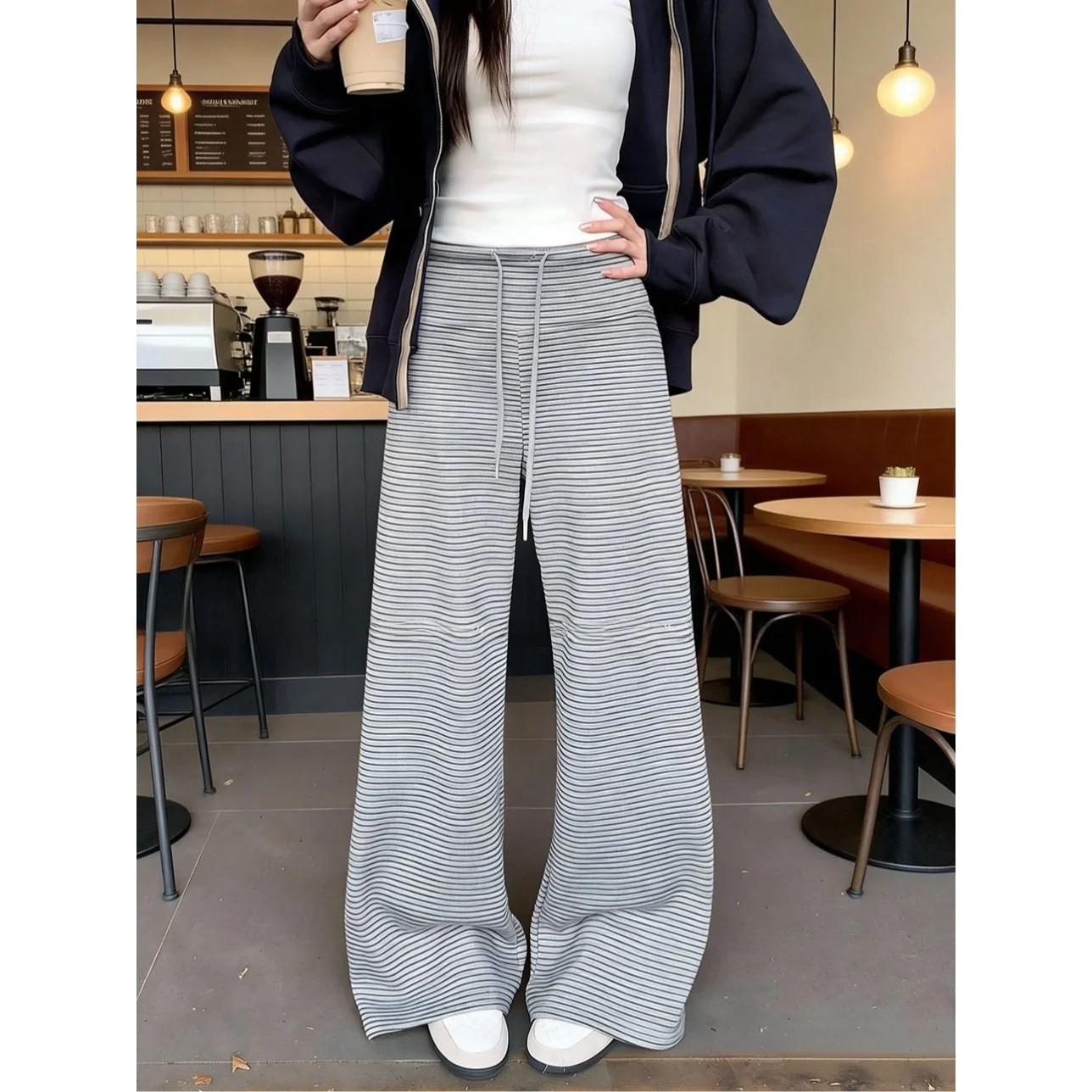 

Off Lazy Sle High Waist Dstring Wide Leg Pants Women Loose Drapey Small Size Casual Pants Autumn Winter ay White St...