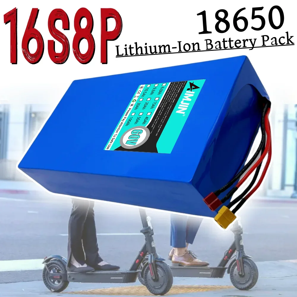 18650 lithium battery pack, 16S8P New 60V 40Ah battery 3000W high power rechargeable battery + 67.2V charger