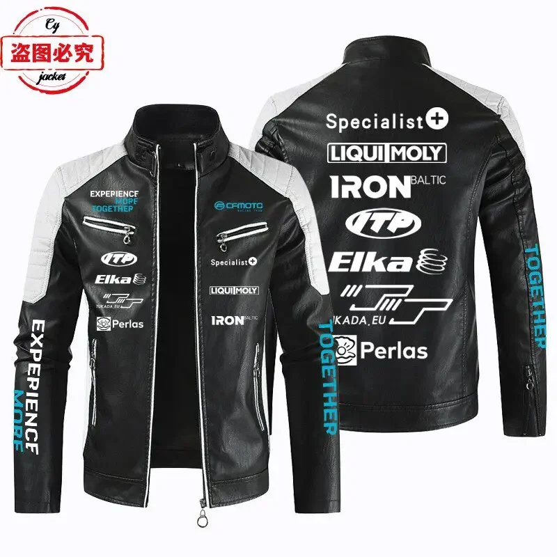 European Size Motorcycle Logo Printed Racing Jacket PU Leather Windproof All Season Men's Standing Collar Zipper Riding Suit