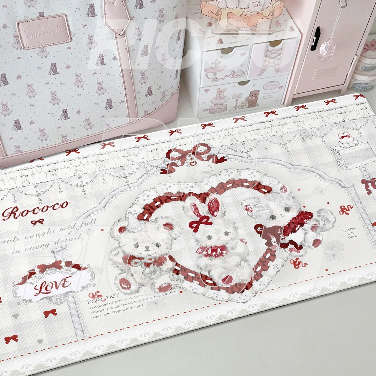 French Style Mouse Pad Rabbit Cat Bear Pink Cute Anime Deskmat Protective Game Keyboard Dorm Decort Table Mat Office Accessories
