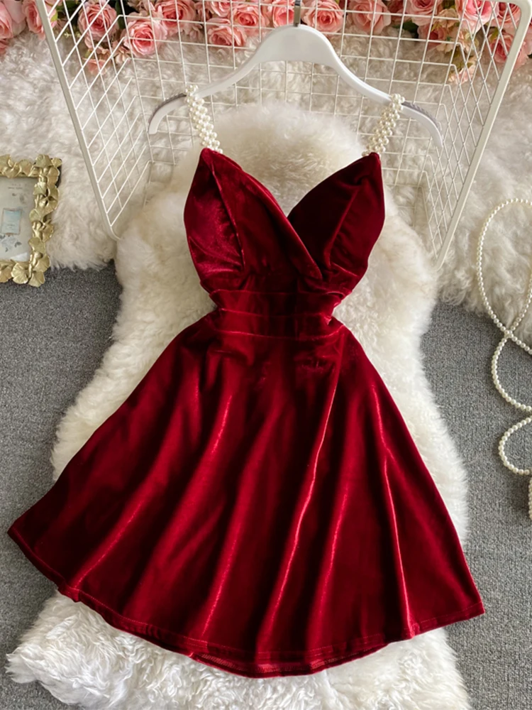 Women\'s Christmas Red A-line Mini Evening Velvet Dress Vintage Off Shoulder Luxury Dresses Y2k One Piece Frocks 2000s Clothes