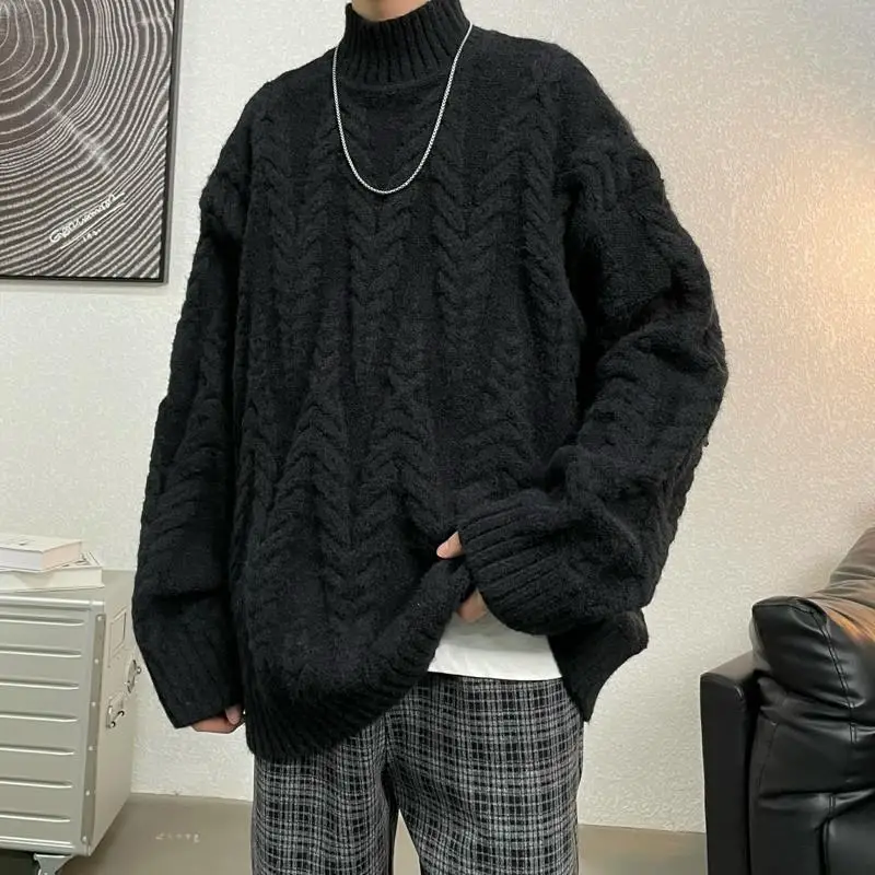 

Retro Twisted Turtleneck Sweater Men Loose Lazy Hong Kong Style Solid Color Knit Sweater Trend Outside The Thread Coat Jacket