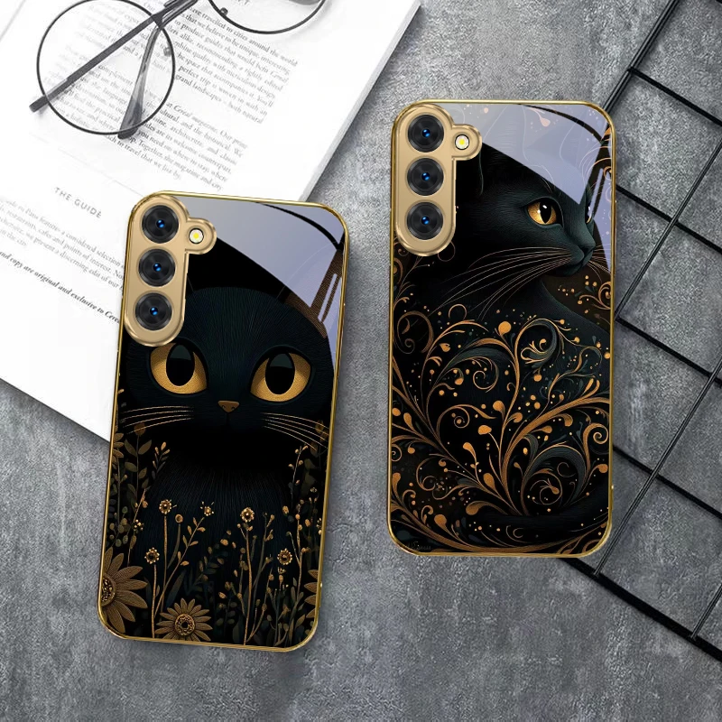 삼성 갤럭시 S20 FE S21 S22 S23 플러스 S24 울트라 S25울트라 S21+ S9+ S22플러스 골든 글래스 폰 케이스용 환상적인 검은 고양이