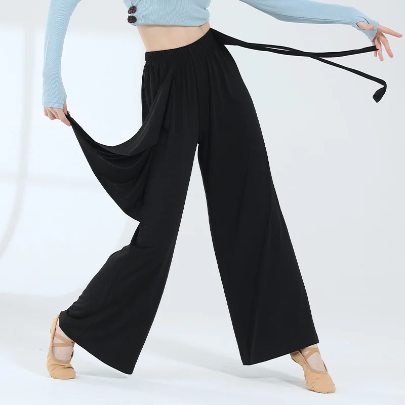 Flowy Chinese Folk Hanfu Pants Modern Dance Trousers Flowy Two Layers Skirt Loose Wide Leg Teacher Traning Clothes Practice XL