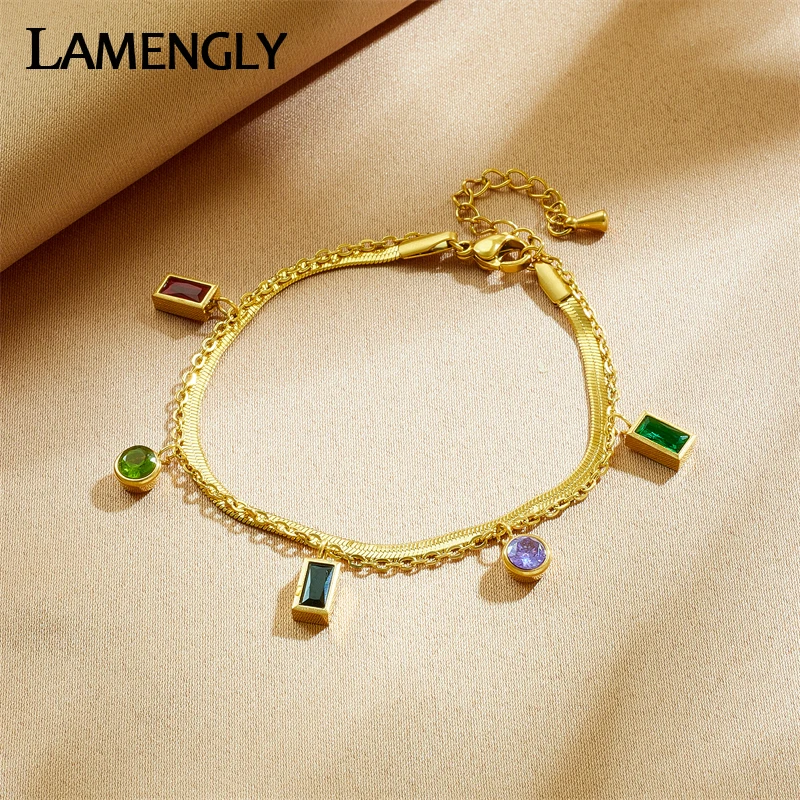 LAMENGLY 316L Stainless Steel Square Round Colorful Zircon Bracelet For Women New Trend Girls 2in1 Chain Jewelry Birthday Gifts