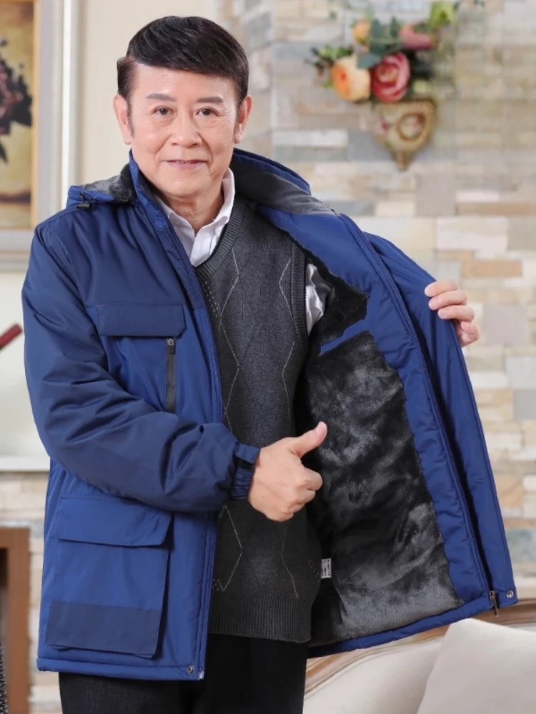 الرجال في منتصف العمر الشتاء سميكة الصوف القطن معطف يندبروف في الهواء الطلق التباين مقنعين سترات فائدة متعددة جيب سترات دافئة