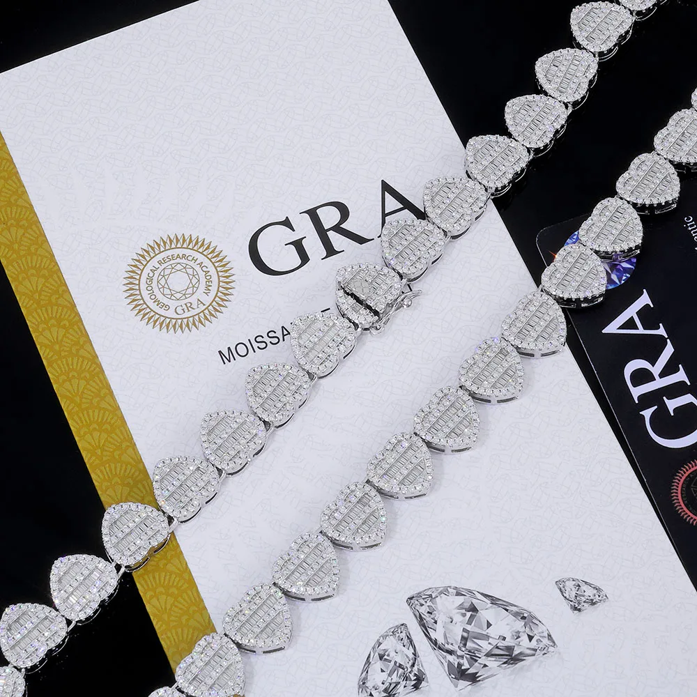 

NY VVS1 Moissanite Clustered Tennis Necklace 925 Sterling Silver Iced Out Heart Shape Diamond Tennis Chain for Women Men