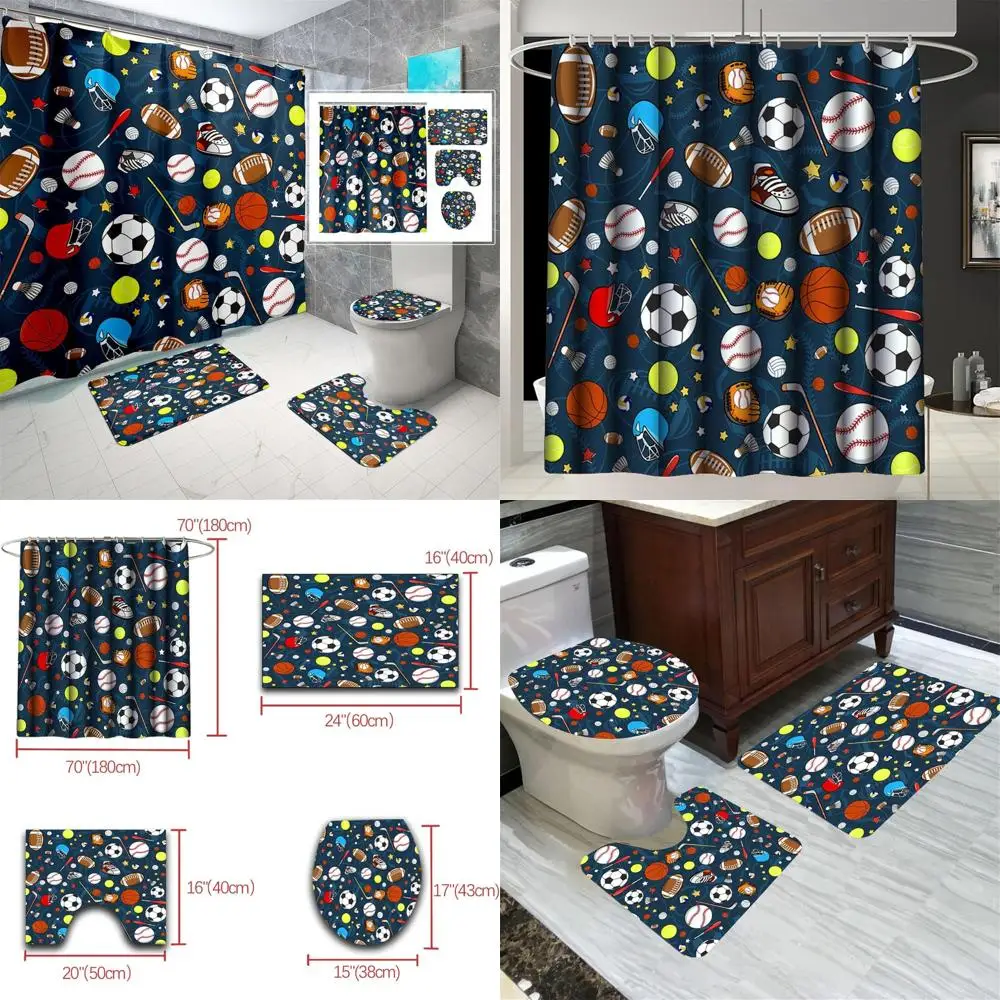 

Kids Basketball Shower Curtain Set with Navy Blue Football Theme, Bath Mat, Toilet Cover, and 12 Hooks