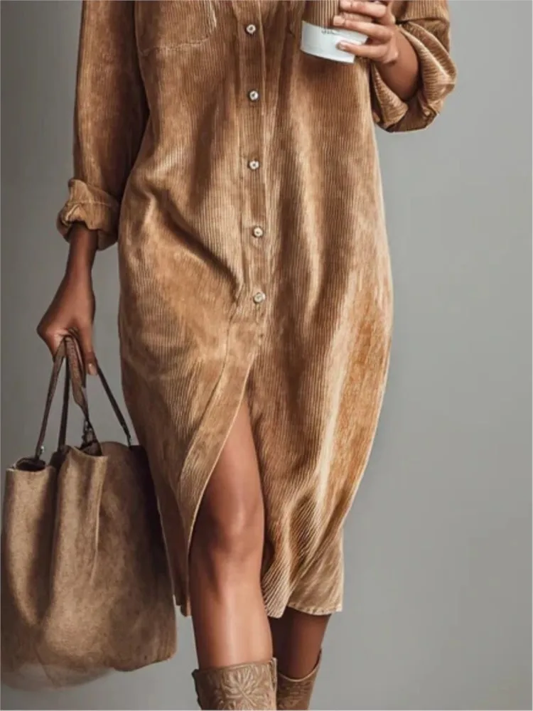 New Solid Color Corduroy Buttons Loose Shirt Dresses Women Autumn Casual Lapel Party Long Dress Long Sleeve Holiday Ladies Dress