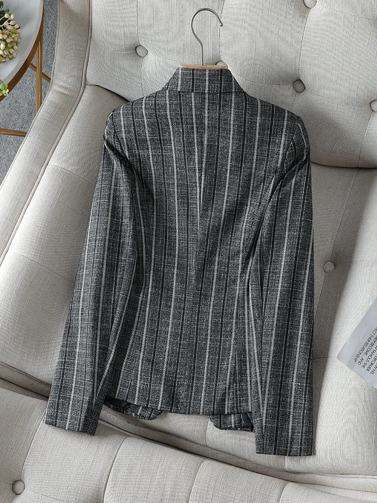 Stripe Women Suit Blazer Long Sleeve One Button Slim Coat Jacket Black Gray Elegant Business Work Wear Clothing 4XL Plus Size