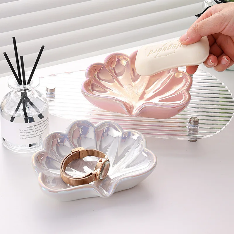 Iridescent Ceramic shell soap box bathroom draining dish toilet holographic household light luxury holder