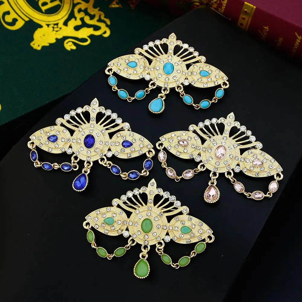 Sunspicems Chic Morocco Women Brooch Gold Color Crystal Hijab Scarf Caftan Brooch Pins Arabic Bride Wedding Jewelry Brand Design