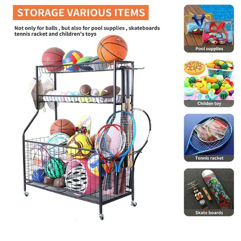 Heavy Duty Black Metal Sports Ball Equipment Storage Cage Basketball Football Storage Ball Sports Rack