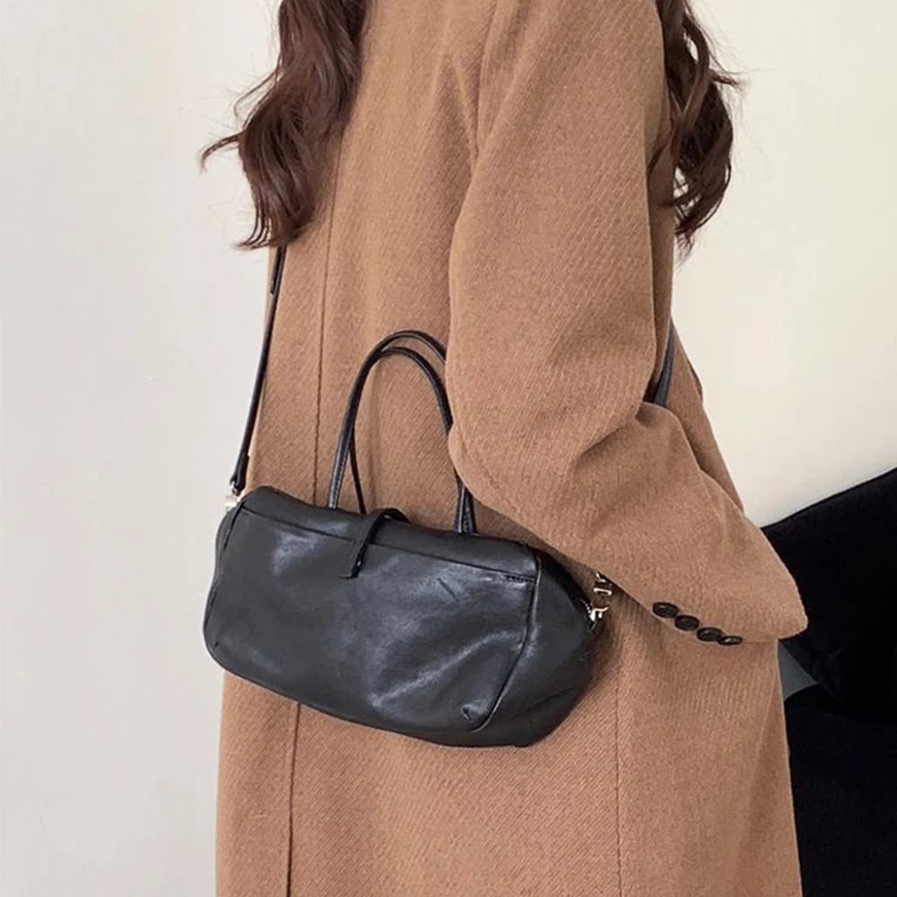 2026 Vintage Soft Sheepskin Bowling Bag Women Retro Boston Pillow Handbag Genuine Leather Crossbody Shoulder Purse For Ladies
