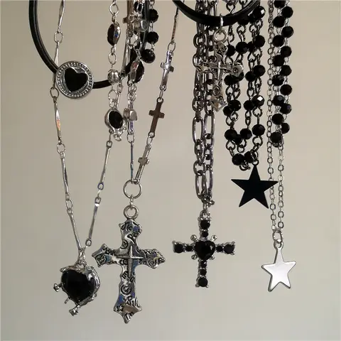 Personalized Punk Star Heart Cross Chain Double Layer Necklace For Men Women Y2K Fashion Trend Rock Party Grunge EMO Accessories