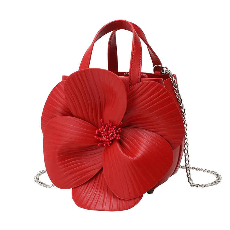 

Exquisite Flower Shaped Handbag with Ruffled Layers Pearl Accent Chic Chain Strap with Matching Metallic Charm Glamour XA10HH