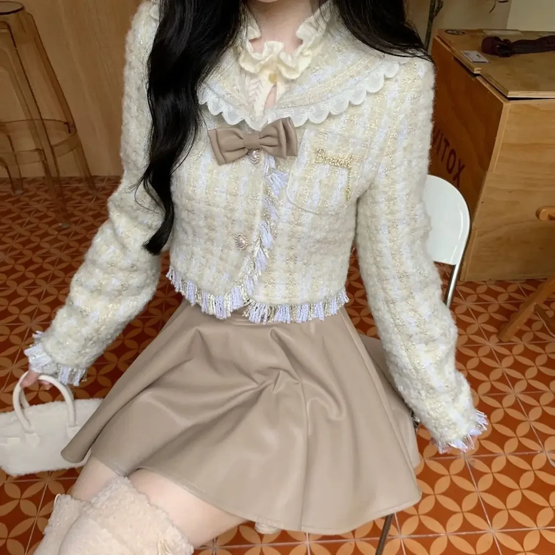 French Sweet Temperament 3pcs Set Y2k Suits Vintage Tassel Cropped Jacket + Interior Shirt + High Waisted Slim Fit Bubble Skirt