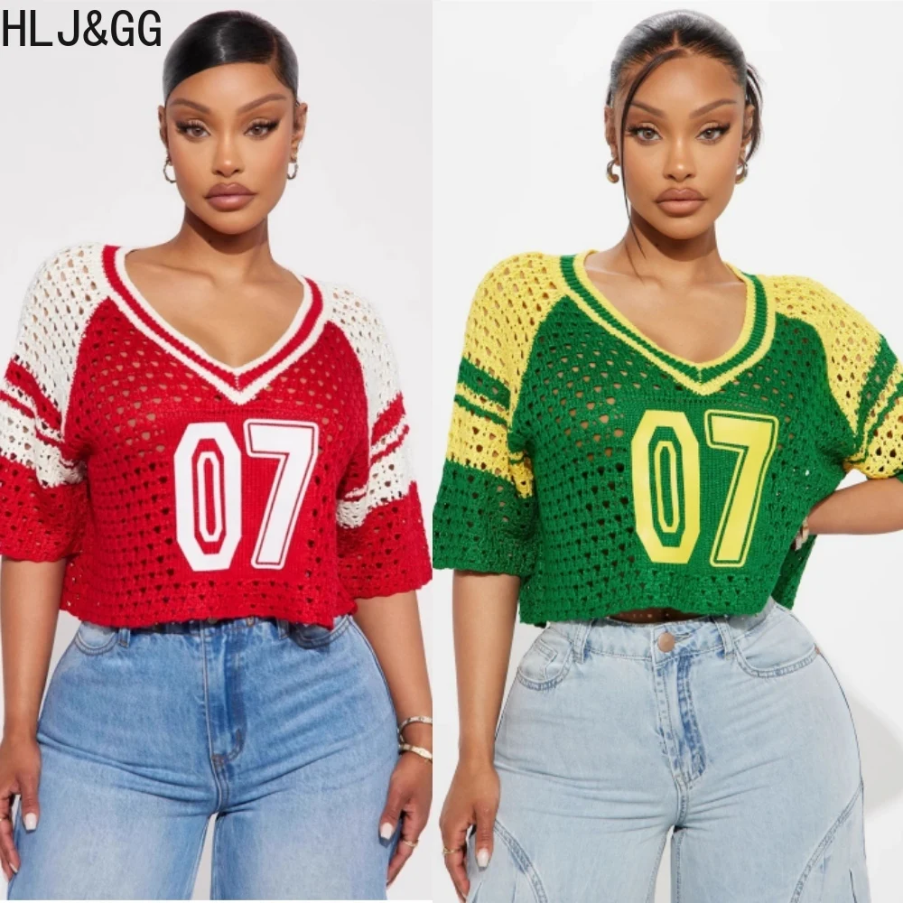 

HLJ&GG Fashion Streetwear Women Knitting Letter Hollow Out Loose Tops Summer New Female Round Neck Short Sleeve Mesh Tshirts