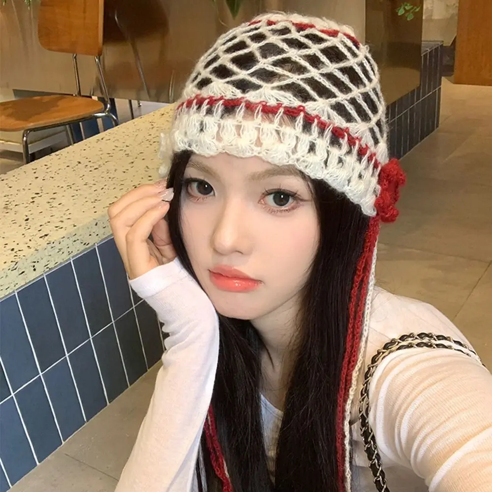 Breathable Hollowed Out Knitted Hat Casual Handmade Beret Cap Summer Flower Skullies Hat for Women