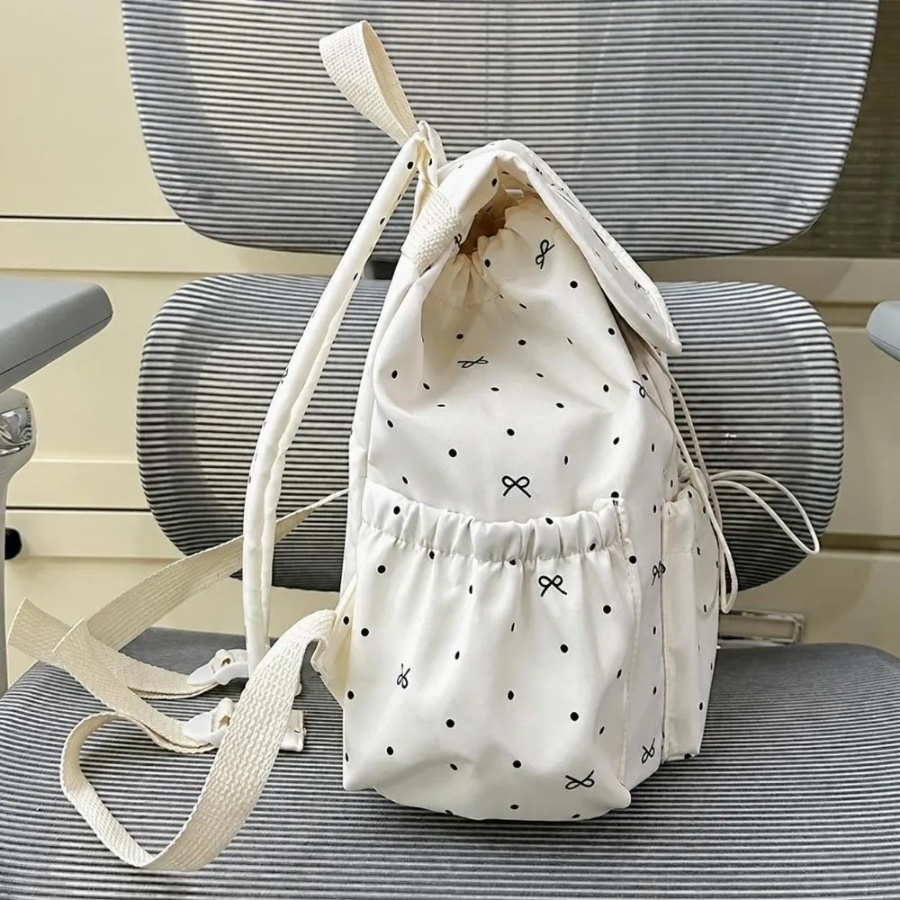 Sweet Drawstring Polka Dot Backpack Bowknot Large Capacity Double Shoulder Bag Ultra Light Nylon Commuting Backpack Travel