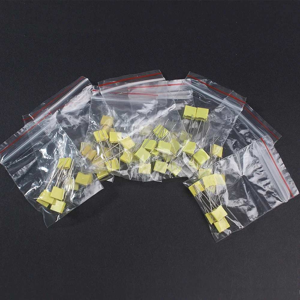 50PCS Polypropylene Capacitor 100V Polypropylene Safety Plastic Film Correction Capacitor Kit 1nF~0.47uF 102J 103J 473J 224J474J