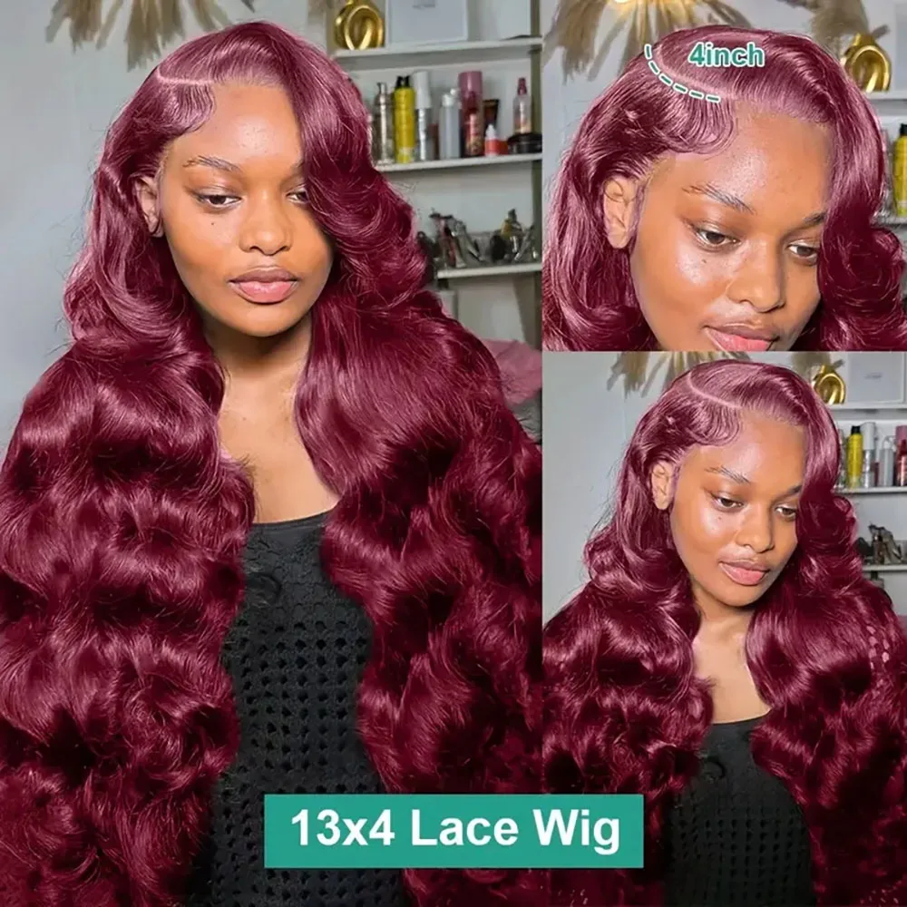 Wig Depan Renda Gelombang Tubuh 13 × 4 Rambut Manusia Merah Marun dengan Kepadatan 220 Warna Merah Transparan Wig Frontal Renda Pra Pencabutan untuk Wanita 99J