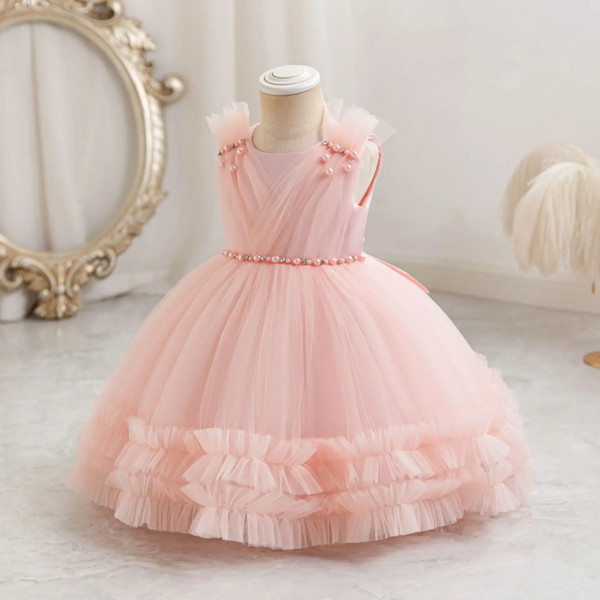 Summer Dress for Girls Beading Tulle Princess Baby Girl One-piece Frocks Lace Birthday Party vestidos de fiesta 1-5 Years