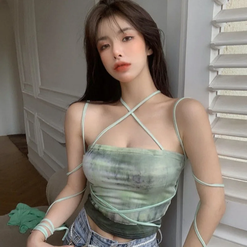 Nice Women Tank Top Vest Spicy Girls Tie Dye Hanging Neck Suspended Tank Top Wearing Slim Fit Short Pure Desire Chest Strap Cami