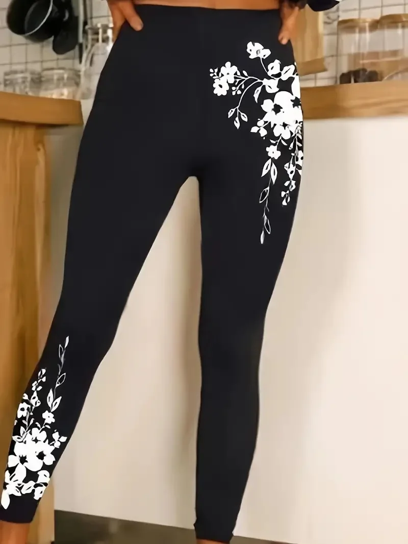 Flower print tight stretch elastic waist casual leggings for women spring and summer wear